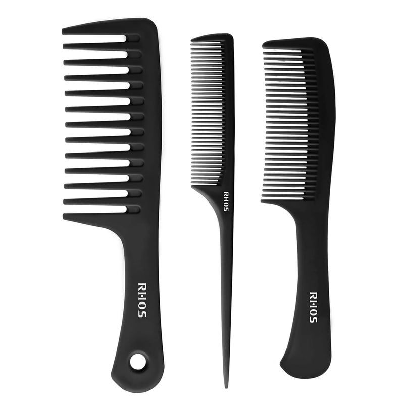 RHOS Comb Set for Women and Men, 3 Pieces - Wide Tooth, Rat Tail, Dresser Hair Combs - Detangling Hair Combs for All Hair Types - Black - Image 1